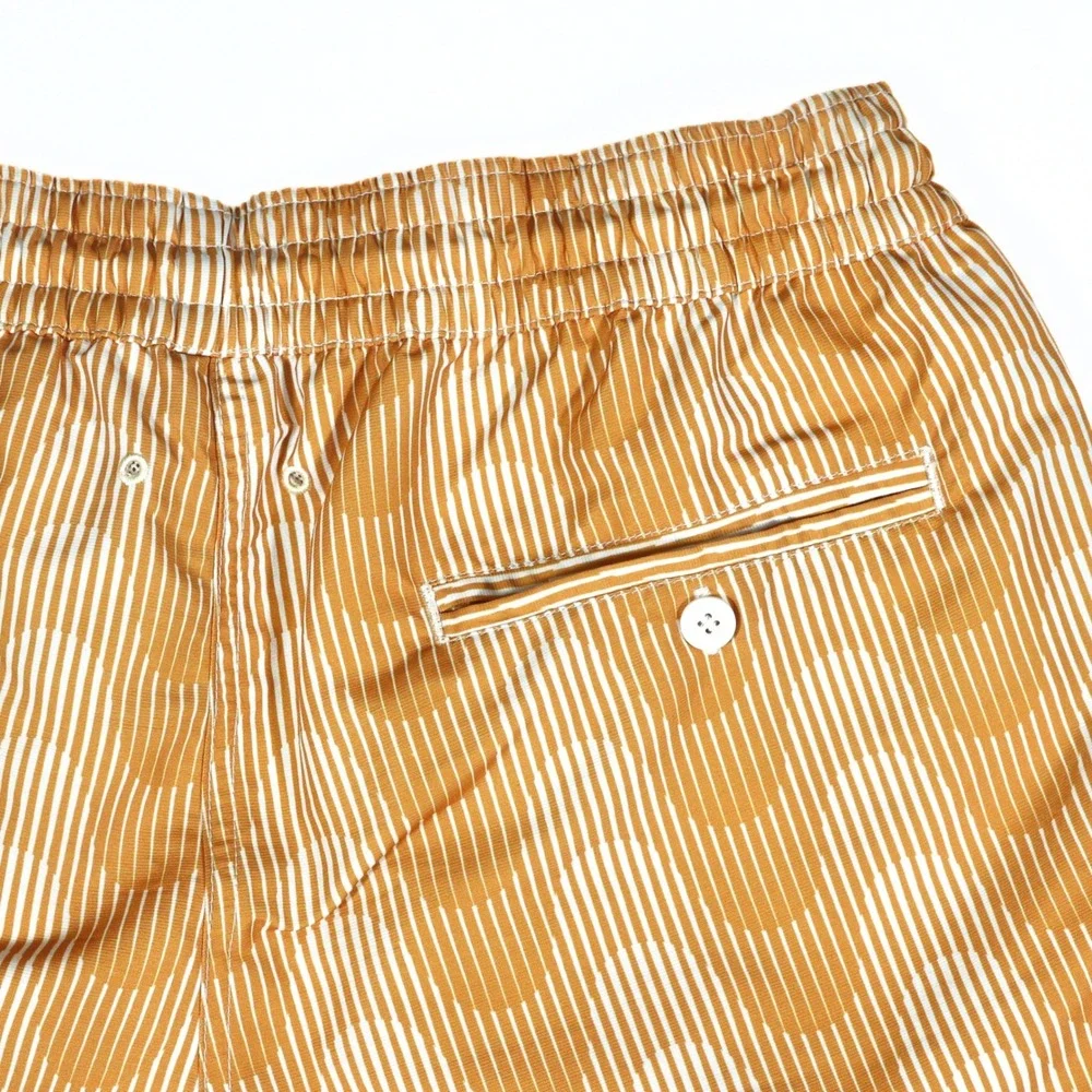 ⁠Frescobol Carioca Mens Swim Shorts Medium M Yellow Geometric Wave Mesh Trunks⁠